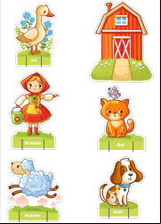 Découpage la ferme, oie, fermière, chat, mouton, chien