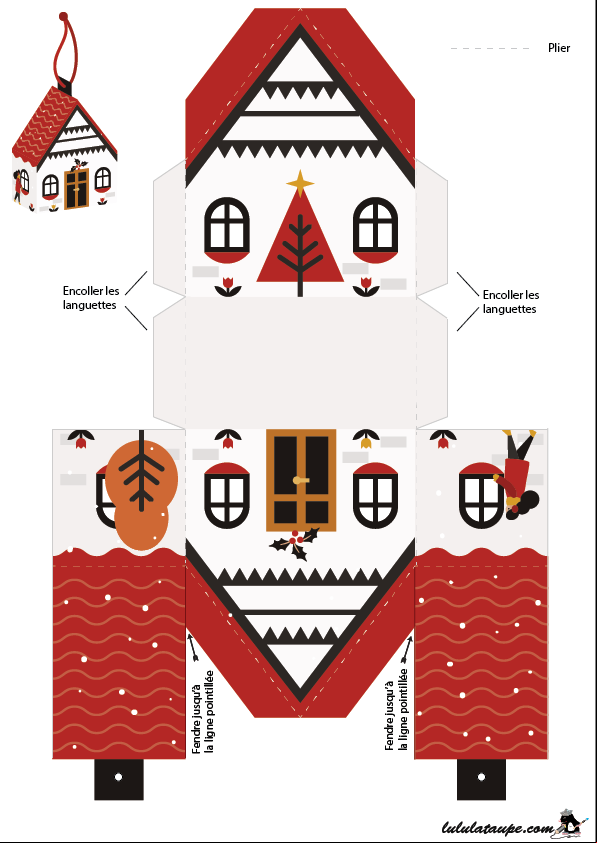 Boîte de Noël en forme de maison à imprimer sur papier cartonné