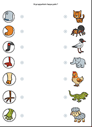 Relier chaque patte à l'animal qui correspond, jeu à imprimer pour enfants de maternelle