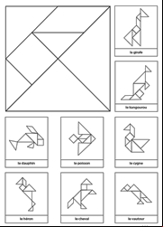 Tangram à imprimer en noir et blanc avec 8 modèles d'animaux