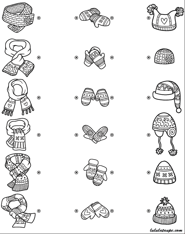 Exercice d'observation à imprimer, relier les vêtements de mêmes motifs