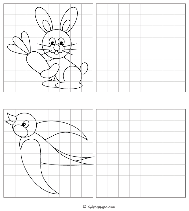 Jeu à imprimer, reproduire un dessin sur quadrillage, un lapin, un oiseau