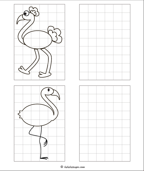 Jeu à imprimer, reproduire un dessin sur quadrillage, une autruche, un flamant rose