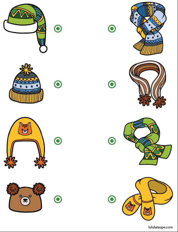 Exercice ludique pour enfants de maternelle, MS : relier les bonnets aux écharpes