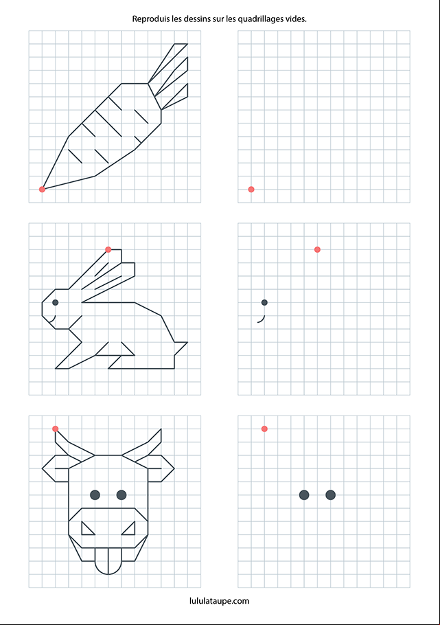 Reproduire une dessin sur un quadrillage, carotte, lapin et vache
