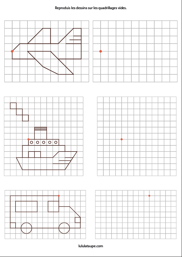 Reproduire un dessin sur un quadrillage, un avion, un bateau et un camion
