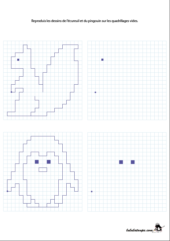 Reproduire des dessins sur un quadrillage, un écureuil, un pingouin