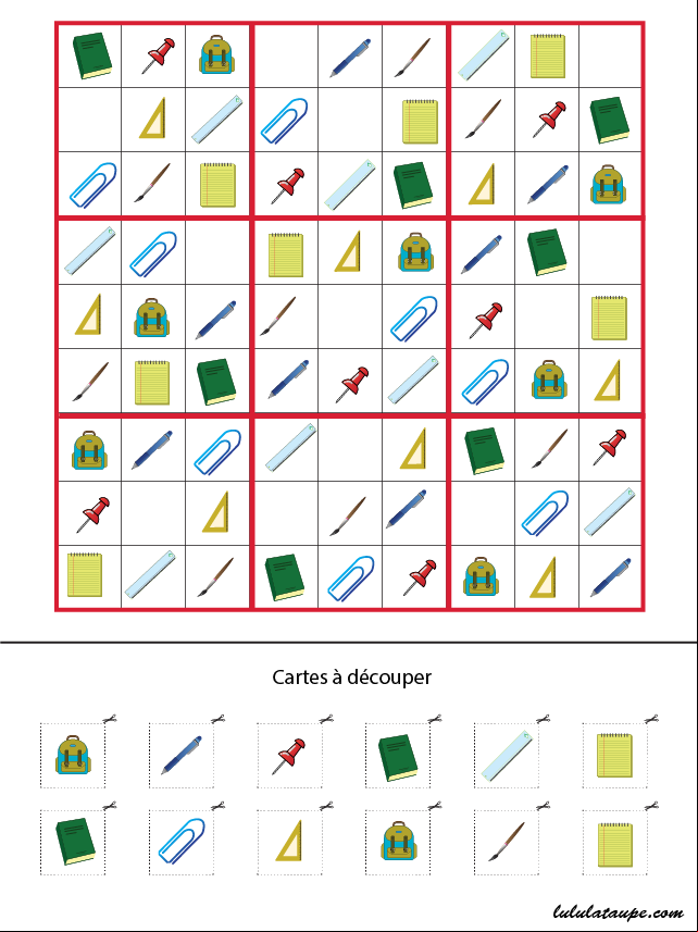 Grille de sudoku à imprimer, les fournitures scolaires