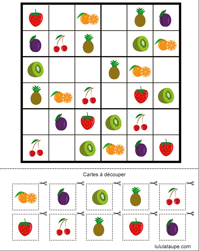 Jeu de sudoku, les fruits à imprimer gratuitement, maternelle MS et GS