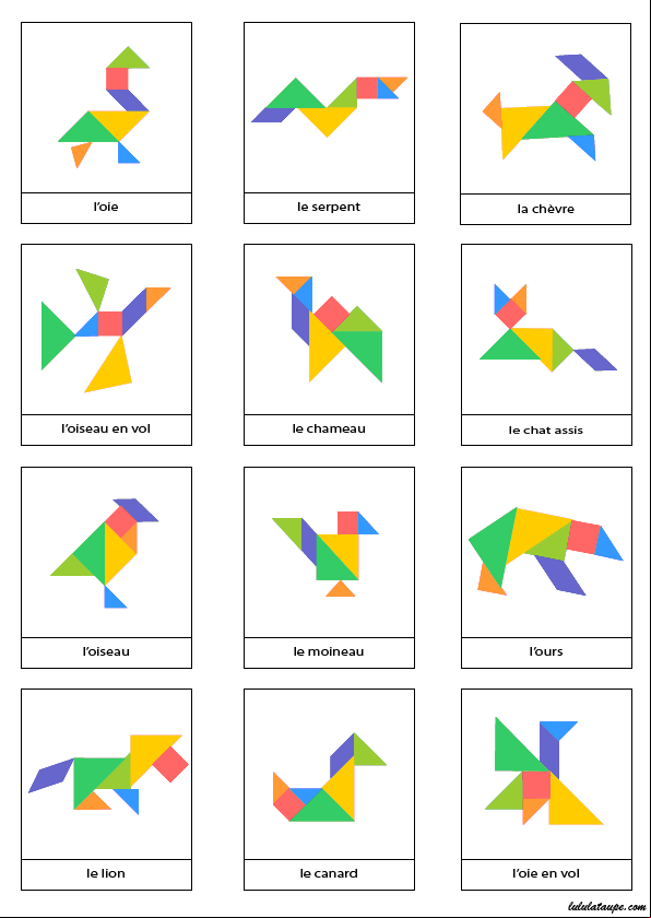 Page de modèles d'animaux à réaliser pour jeu Tangram