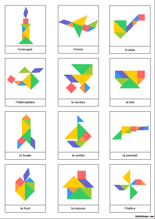 Page de modèles d'objets à réaliser avec un jeu Tangram