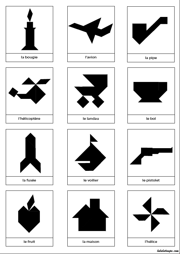 Page de modèles d'objets à réaliser avec un jeu Tangram