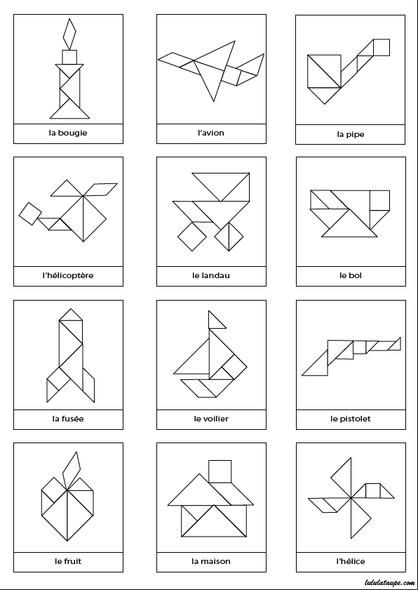 Page de modèles d'objets à réaliser pour jeu Tangram