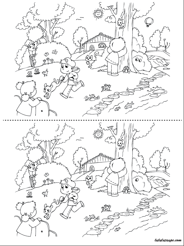 Jeu gratuit des 7 différences à imprimer avec solutions, les enfants au jardin