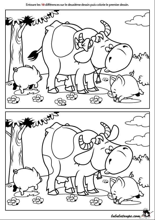 Jeu gratuit des 10 différences à imprimer avec solutions, la vache et les cochons