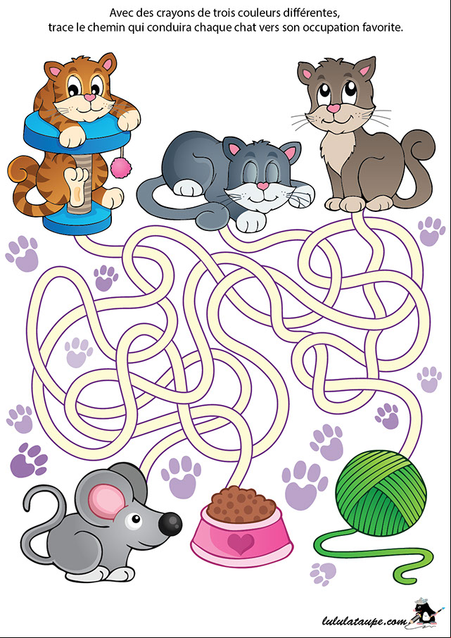 Jeu de labyrinthe à imprimer, les chats en couleur