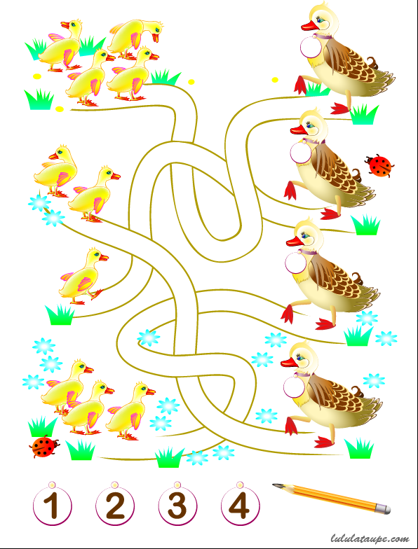 Jeu de labyrinthe à imprimer pour apprendre à compter de 1 à 4