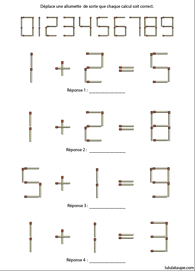 Jeu à imprimer, additions avec des allumettes