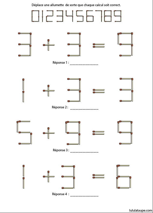 Jeu à imprimer, additions avec des allumettes